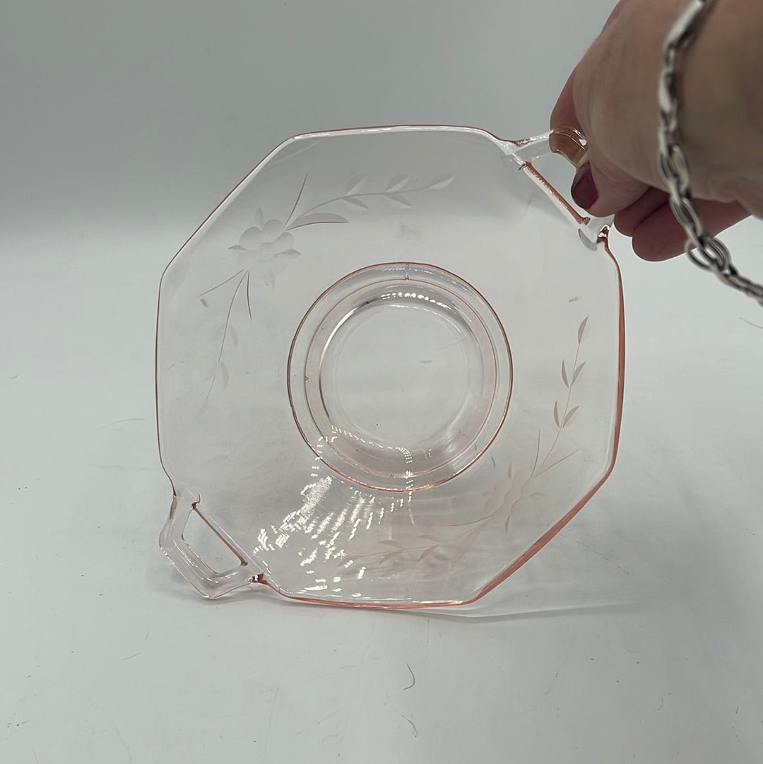 Pink Depression Glass Bowl with Etched Flowers