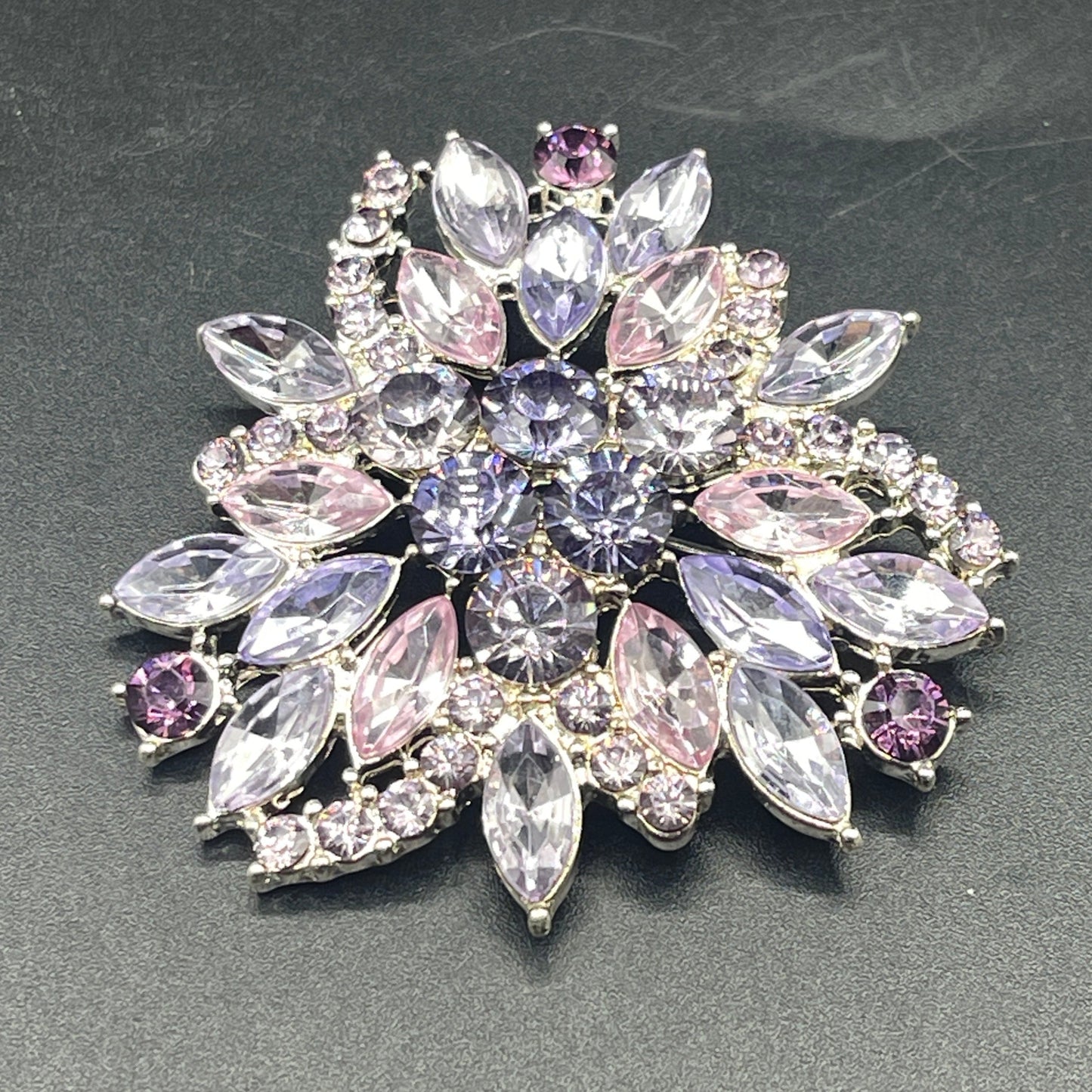 Vintage Silver Tone with Purple Tone Crystals Brooch Pin - Signed Napier