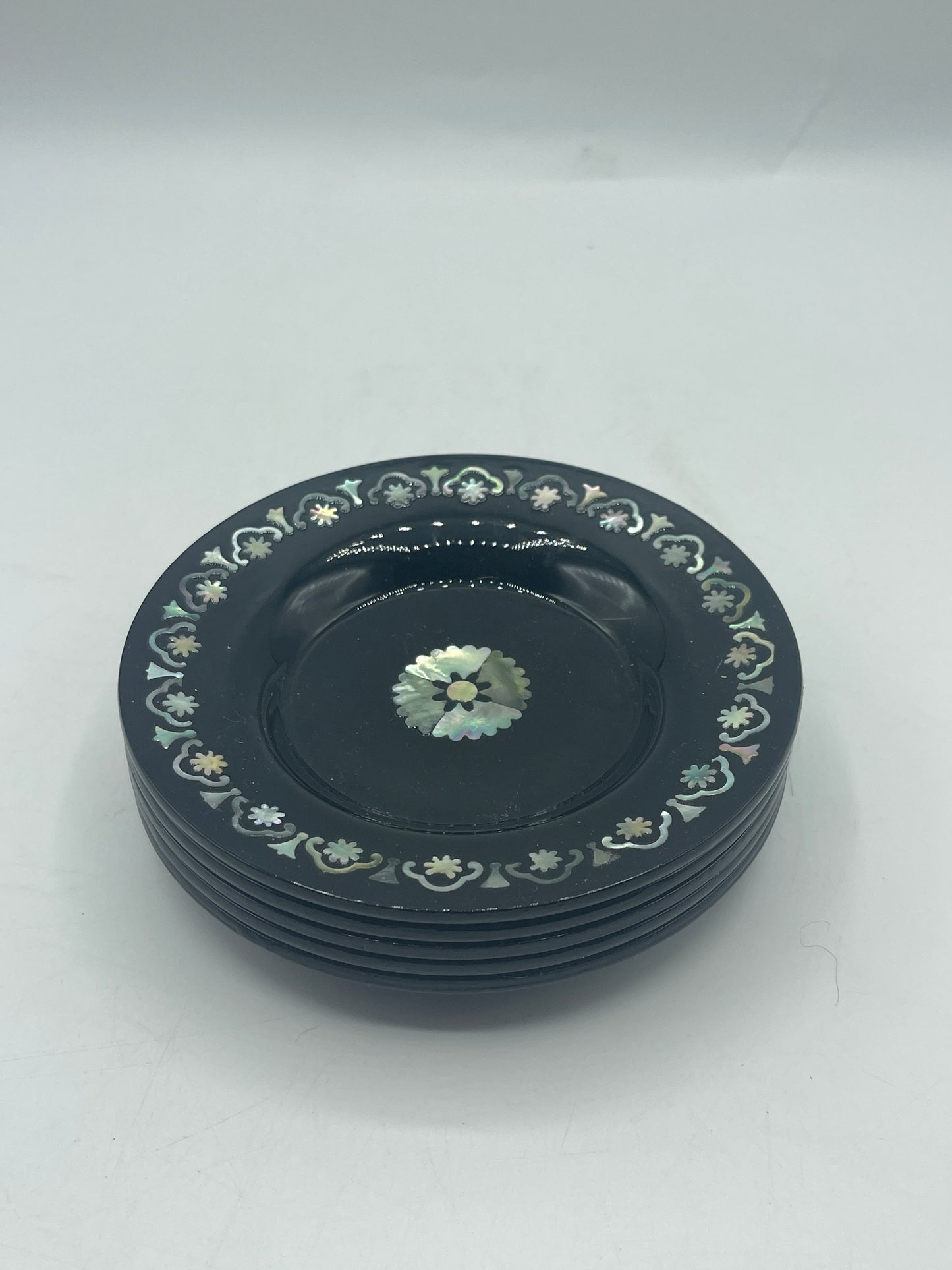 Vintage Black Lacquer Coasters with Inlaid Shell