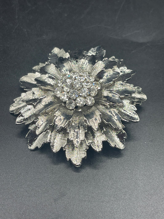 Vintage Silver Tone with Crystals Brooch Pin