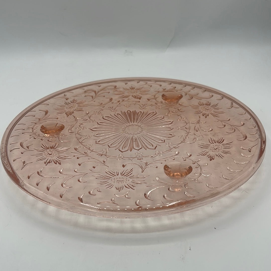 Pink Depression Glass Tri Footed Cake Platter