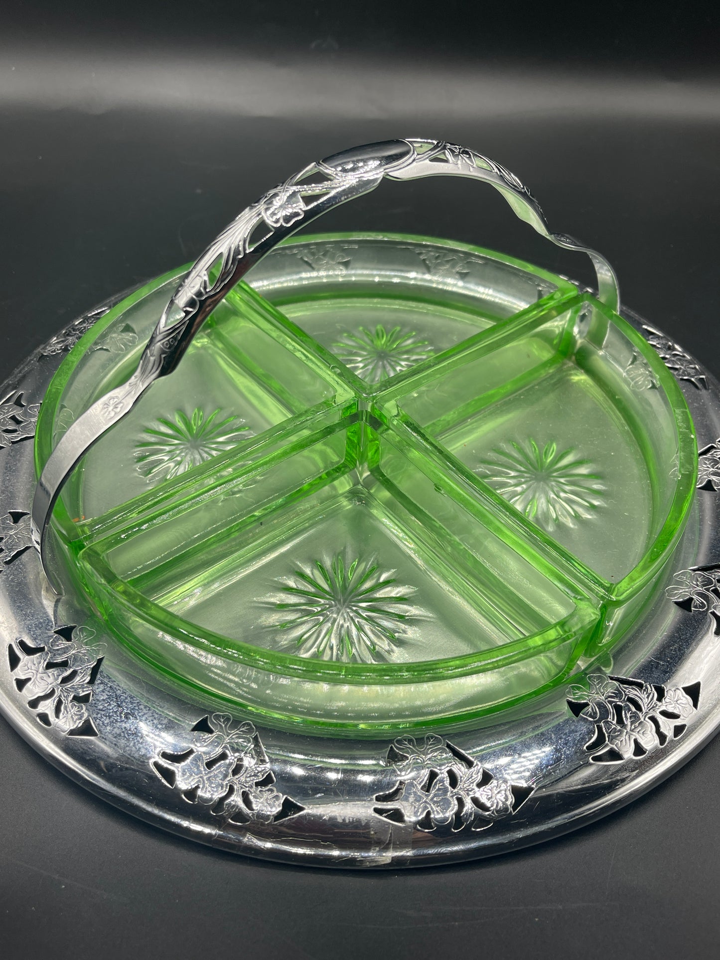 Depression Glass Divided Serving Dish in Silver Tone Holder