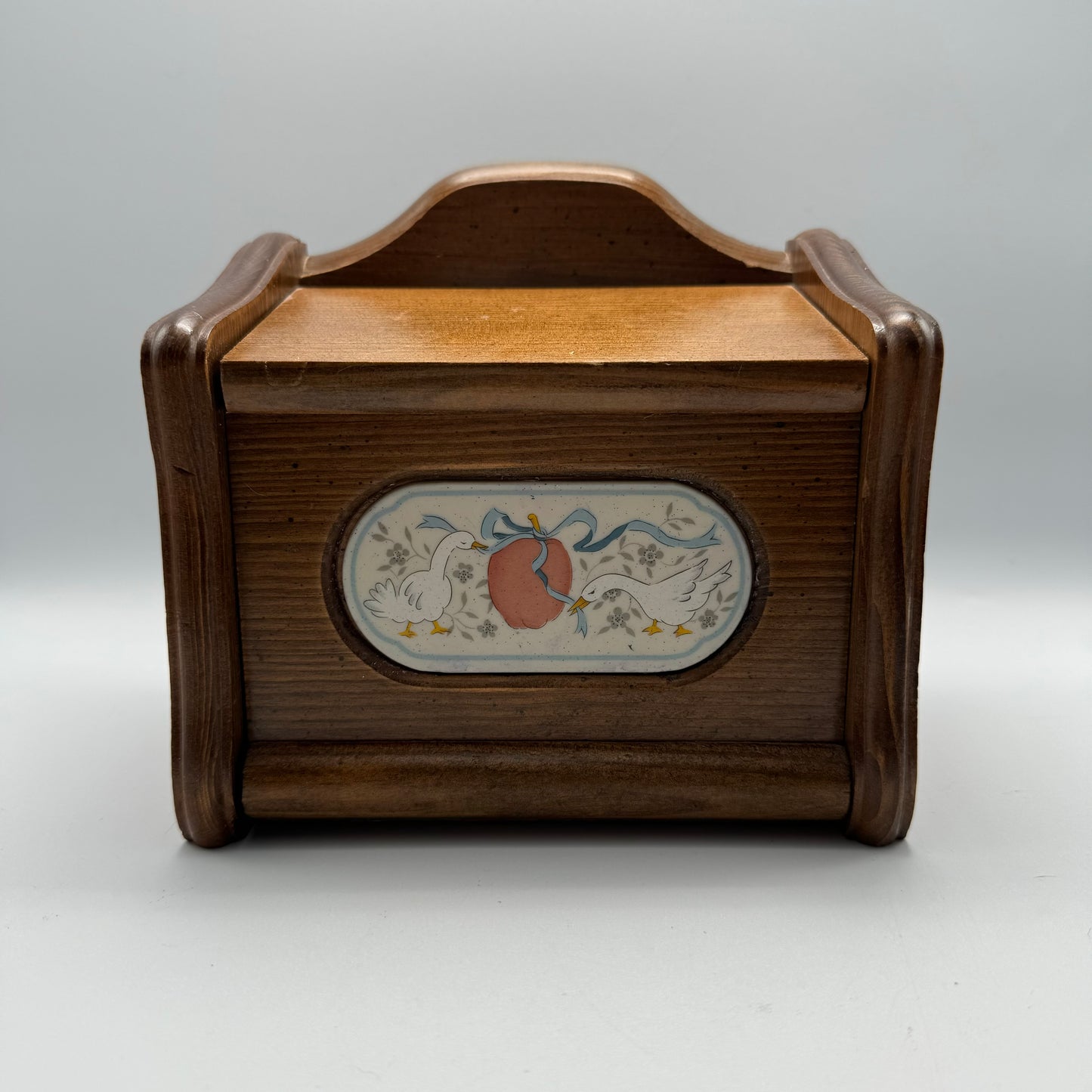 Vintage Wooden Recipe Box with Ceramic Geese Inlay