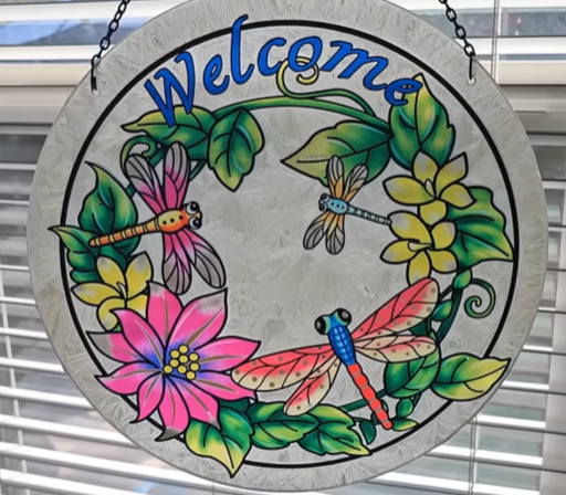 "Welcome" Dragonflies and Flowers Glass Suncatcher with Chain for Hanging