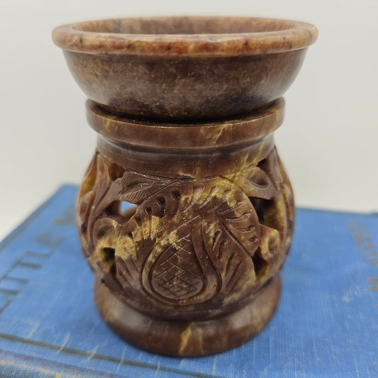 Hand Carved Soapstone Wax Burner with Floral Design