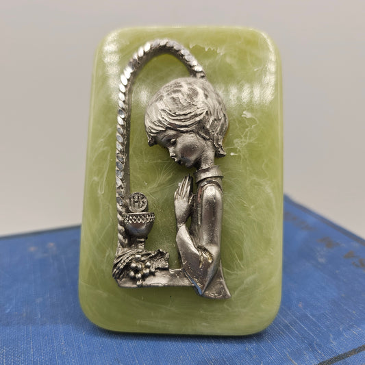 Vintage Pewter Girl on Green Resin with Stand