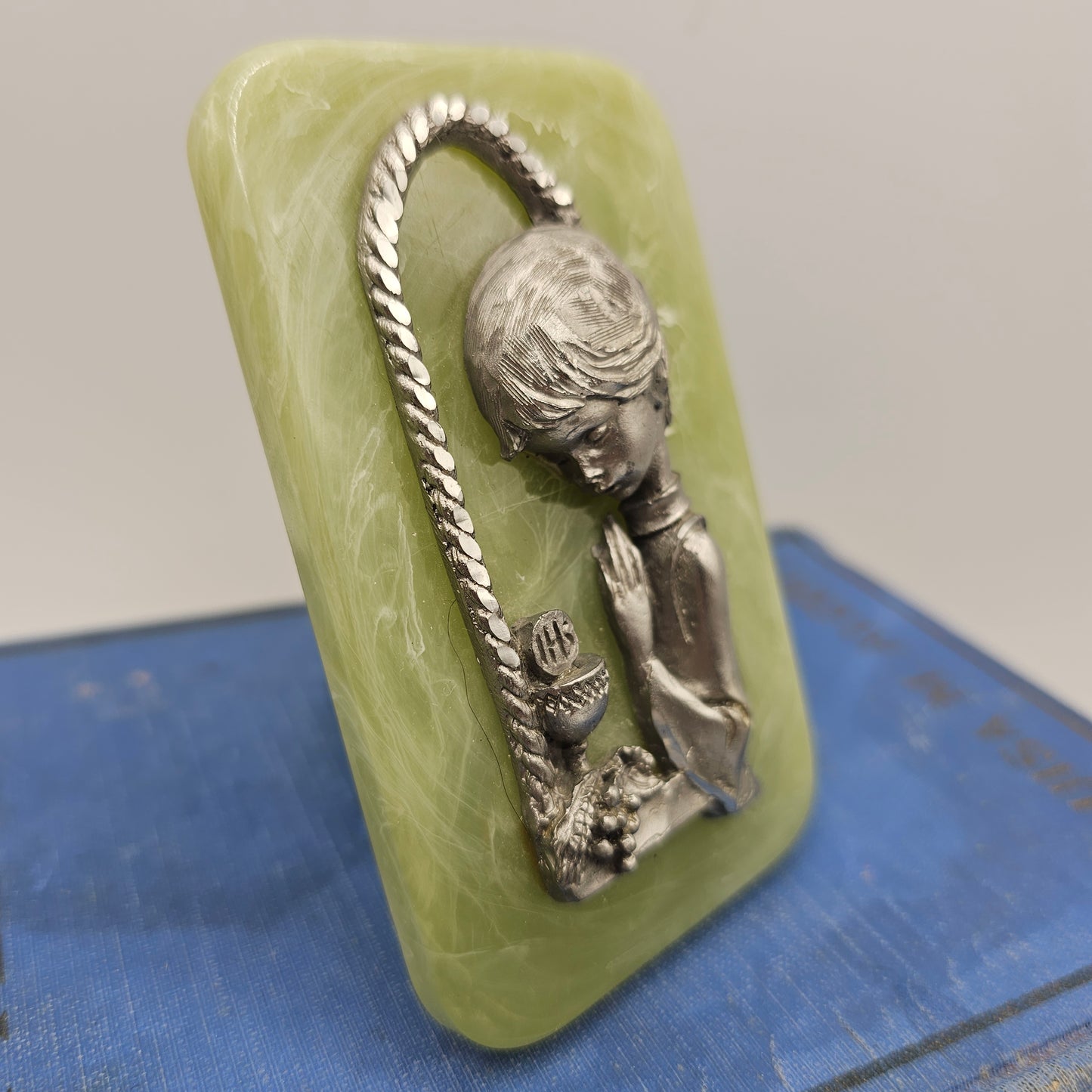 Vintage Pewter Girl on Green Resin with Stand