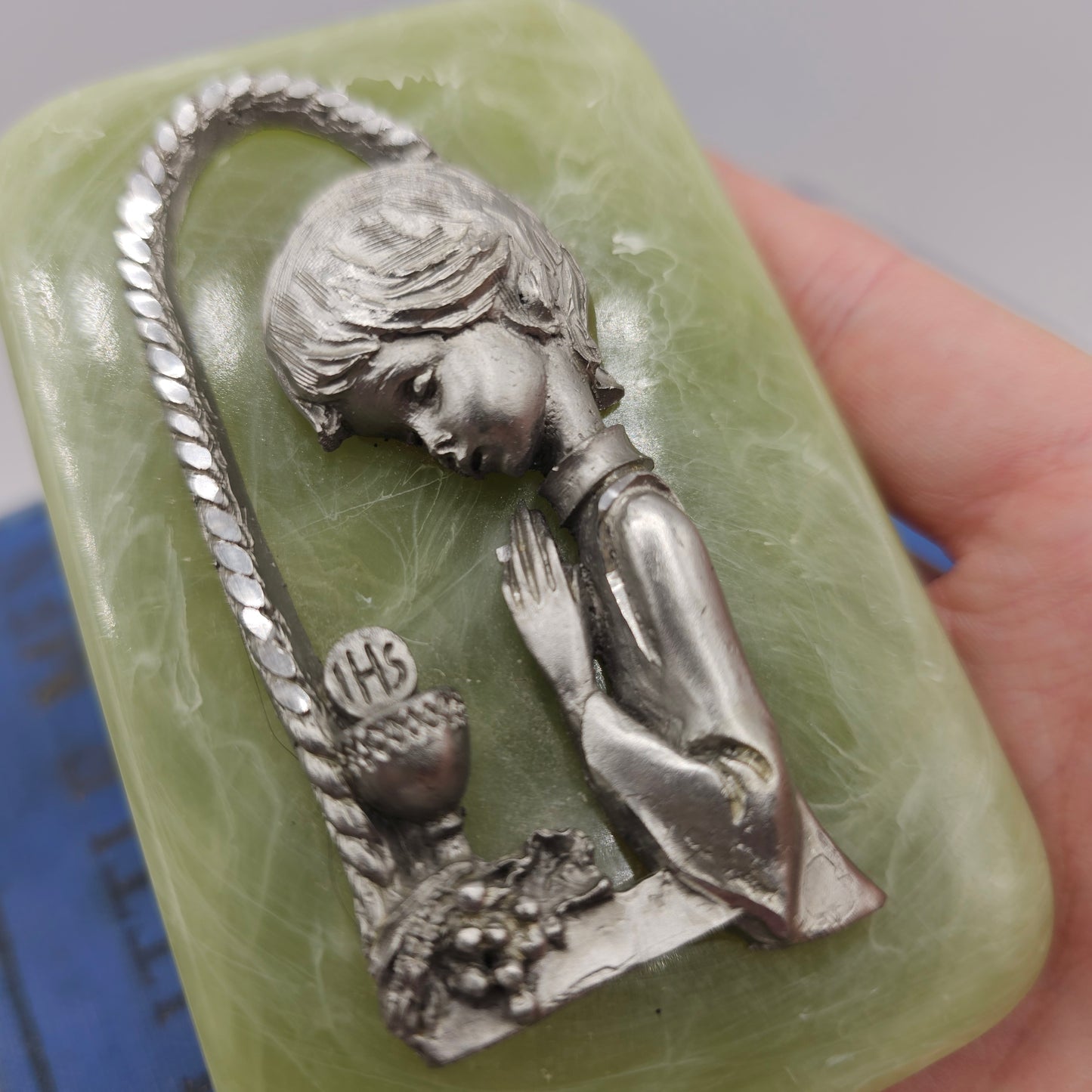 Vintage Pewter Girl on Green Resin with Stand