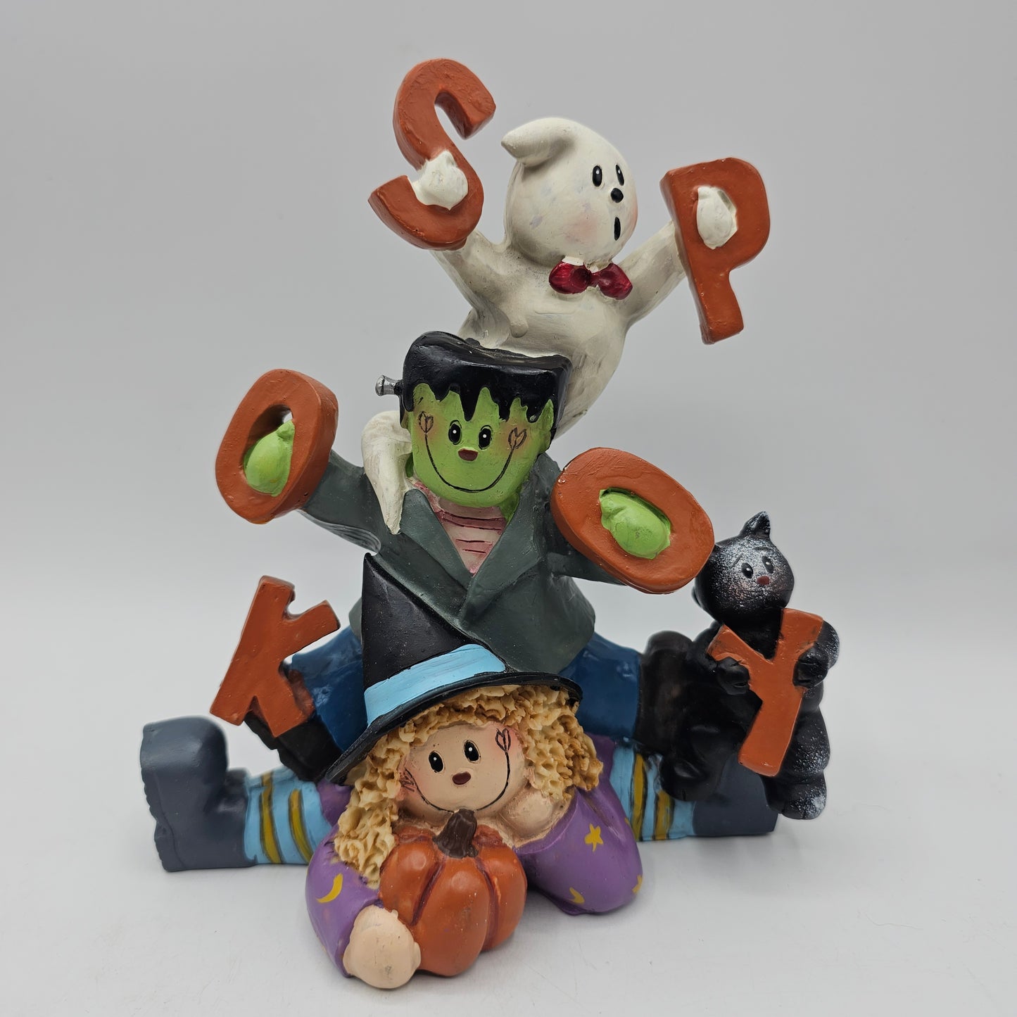 Whimsical Halloween SPOOKY Witch, Frankenstein, Ghost and Cat Figurine