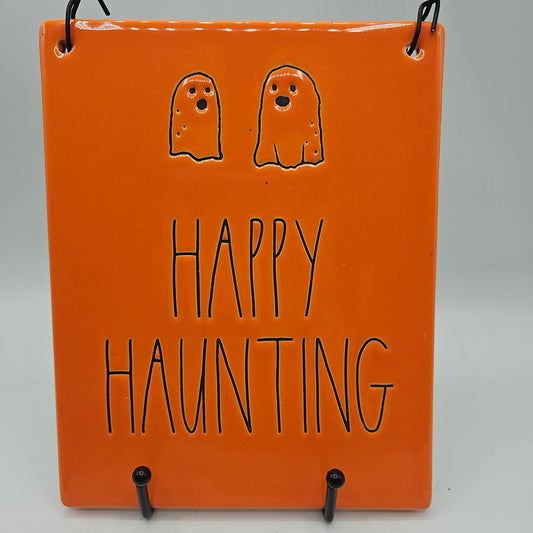 Rae Dunn "Happy Haunting" Ceramic Ghost Halloween Hanging Plaque / Sign