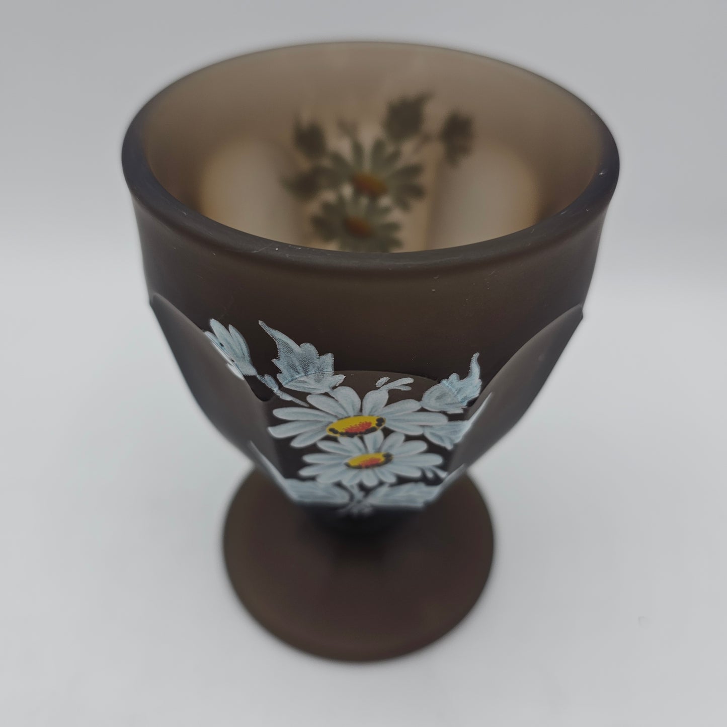 Westmoreland Brown Glass Goblet Candy Dish with Transferware Daisies