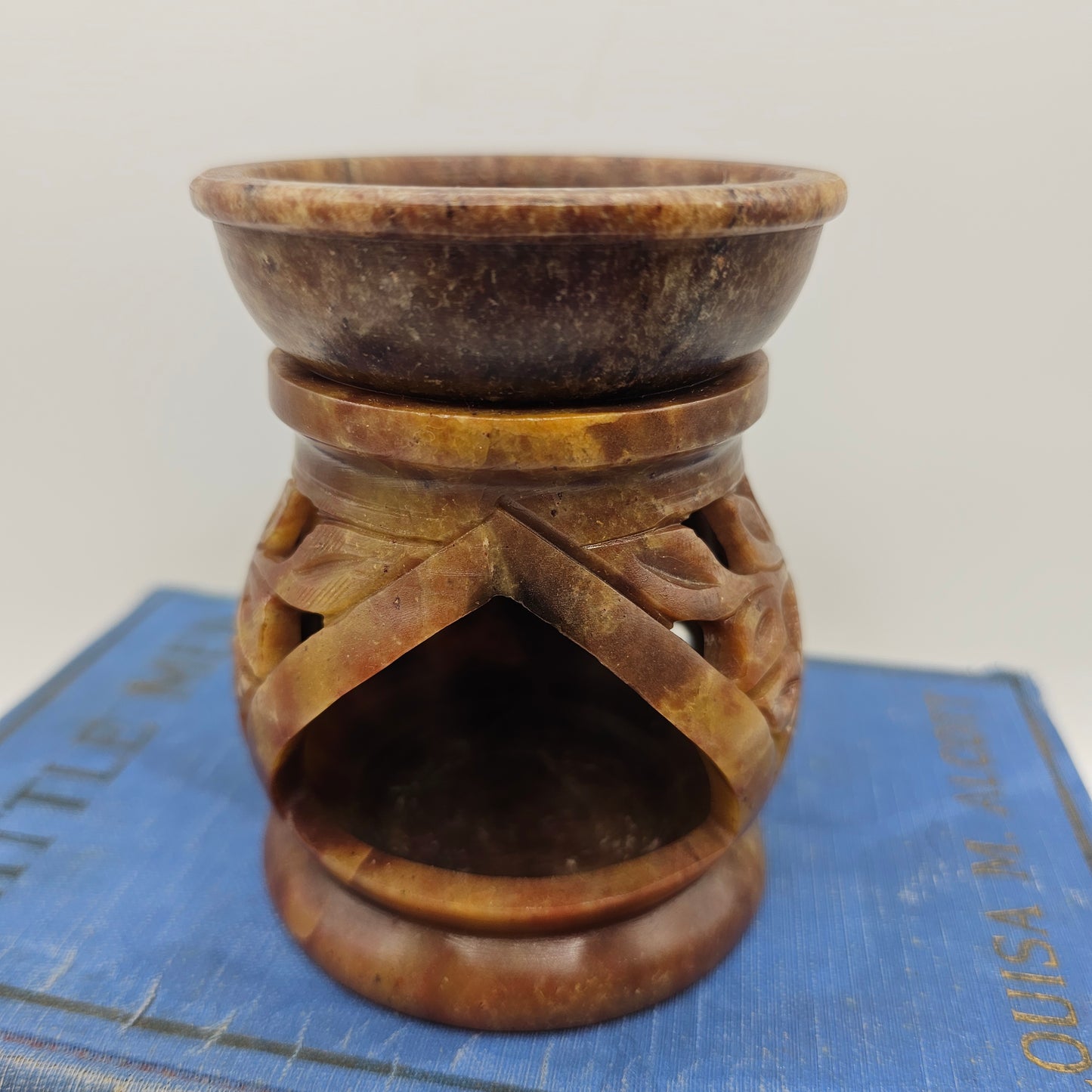 Hand Carved Soapstone Wax Burner with Floral Design