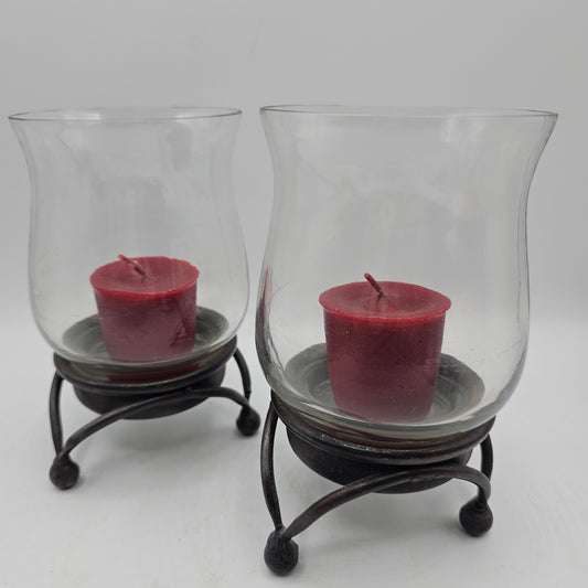 Pottery Barn Metal Candle Holder with Glass Shade - Pair