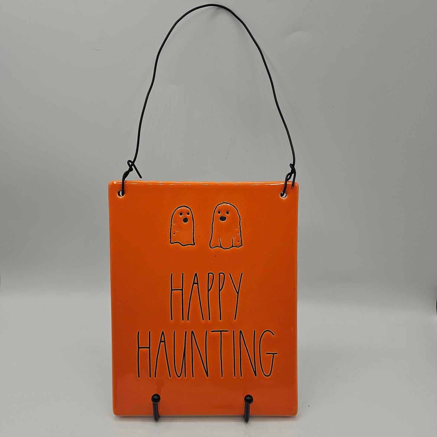 Rae Dunn "Happy Haunting" Ceramic Ghost Halloween Hanging Plaque / Sign