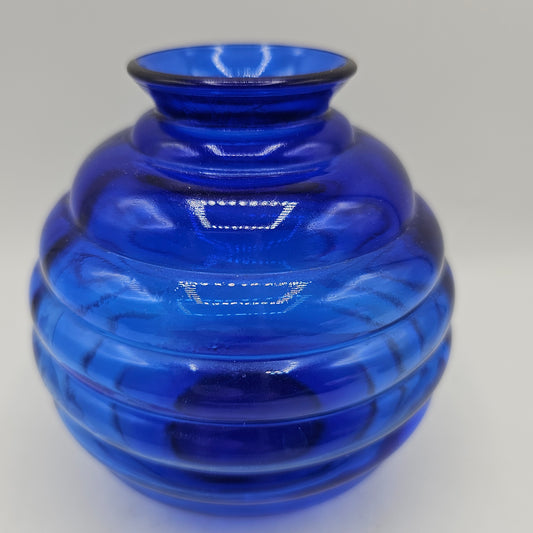 Vintage Cobalt Blue Glass Ribbed Beehive Vase