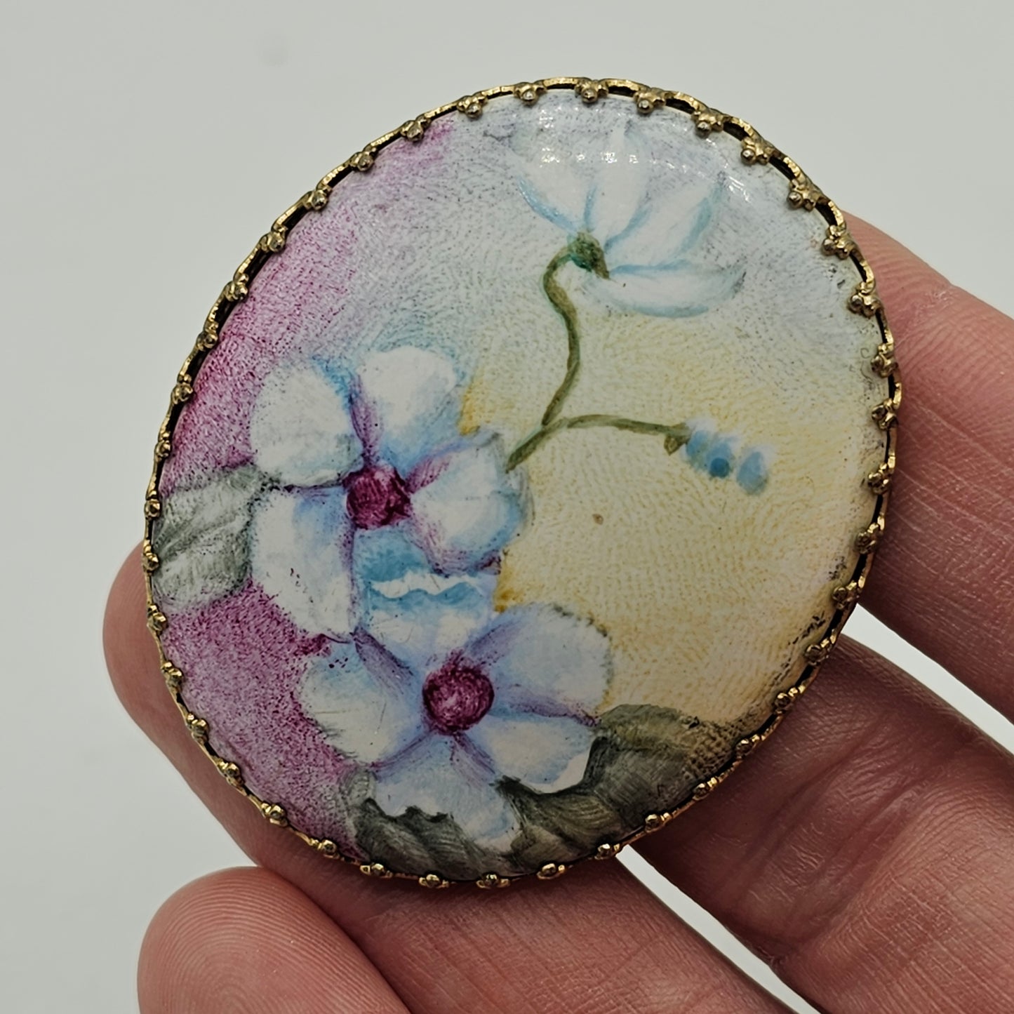 Vintage Floral Ceramic Brooch with Gold Tone Frame