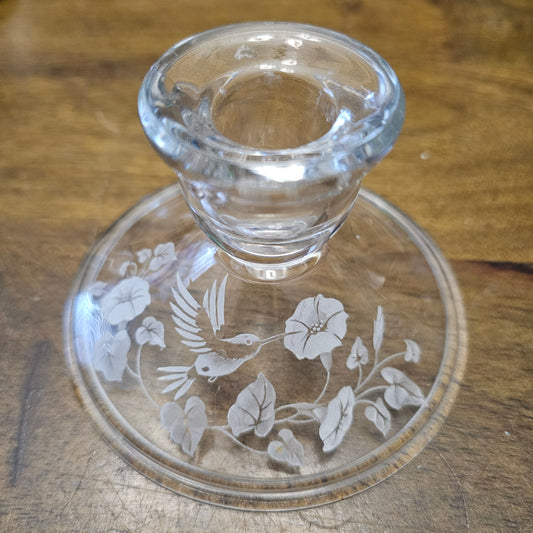 Etched Full Lead Crystal Hummingbird and Trumpet Flower Glass Candlestick by Avon