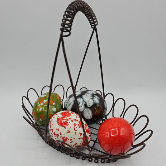 Vintage Painted Ceramic Eggs in Metal Basket