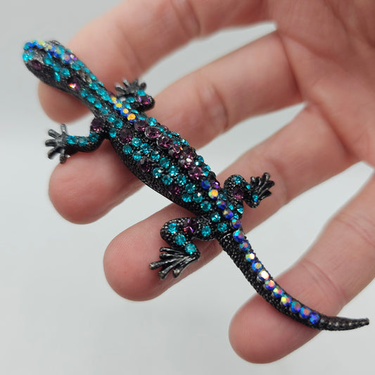 Blue and Purple Crystal Lizard Brooch with Jointed Tail