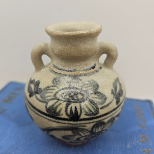 Small Pottery Vase with Flowers and Blue Handles