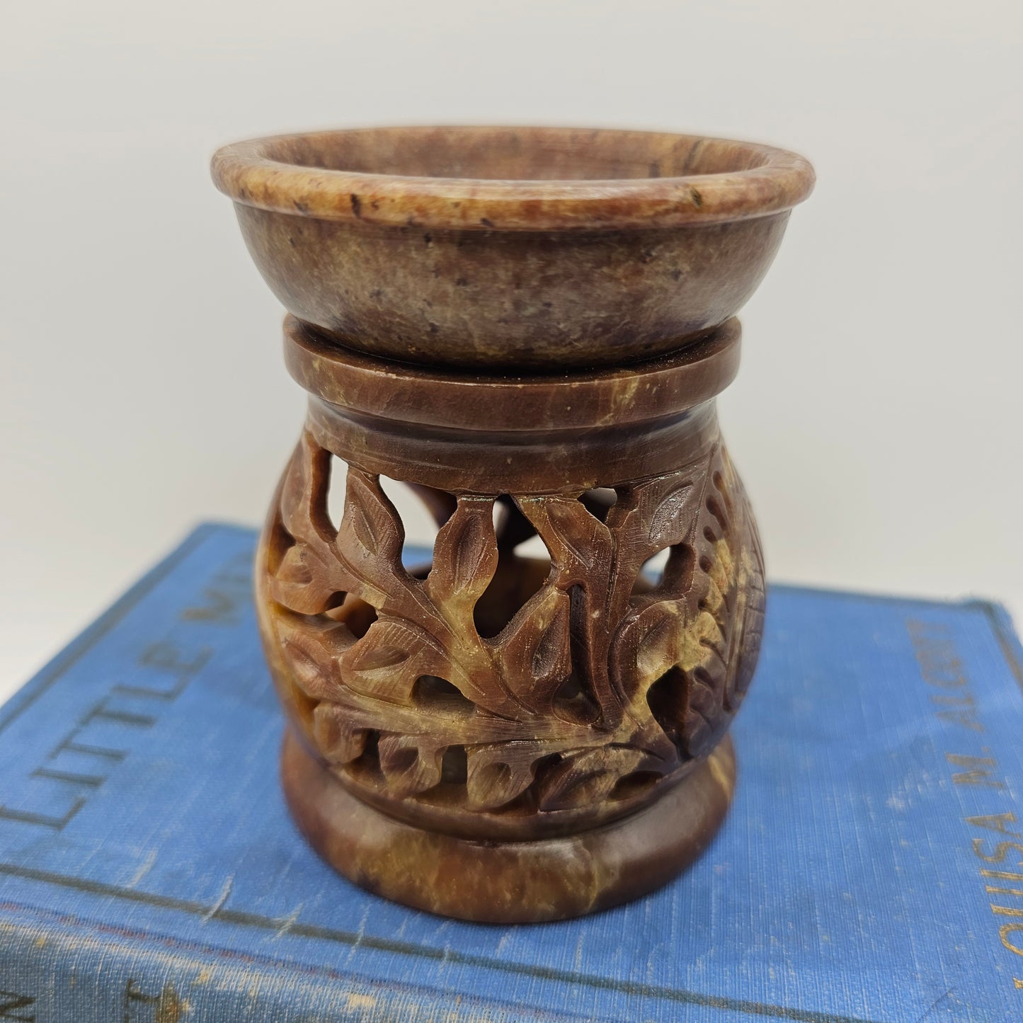 Hand Carved Soapstone Wax Burner with Floral Design