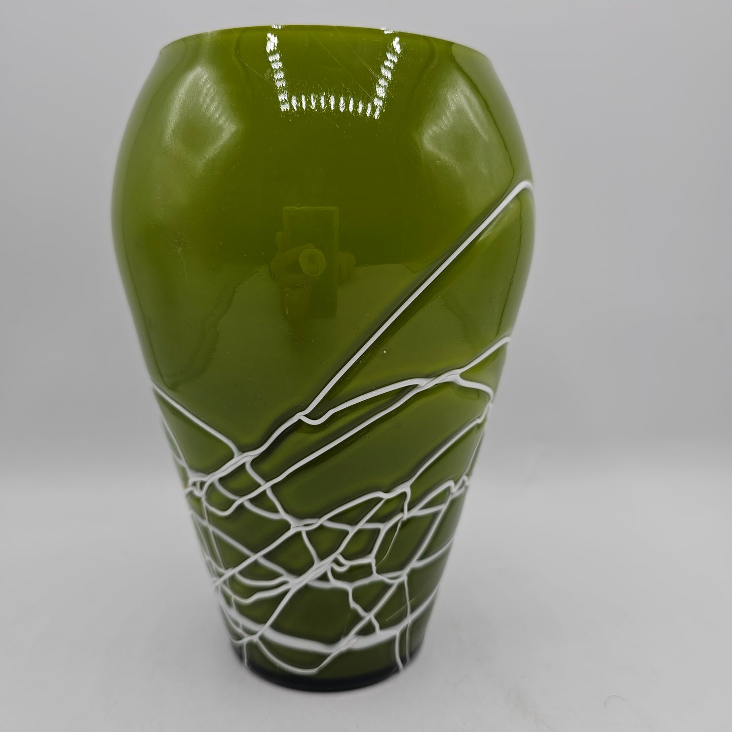 Green with Applied White Web Swirl Glass Vase